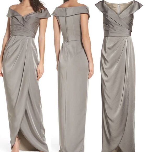 La Femme 25206 Surplice Off the Shoulder Column Gown Pewter size 12 NWOT - Picture 1 of 8